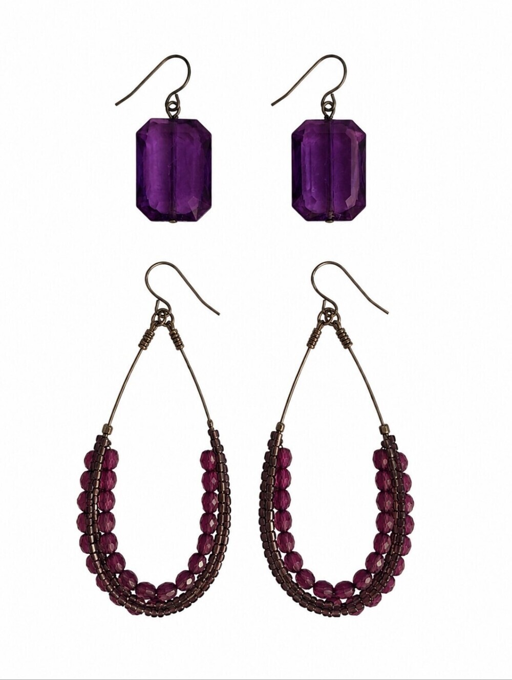 HANDMADE Set of Two Purple Teardrop Hoop Acrylic Gem Earrings
